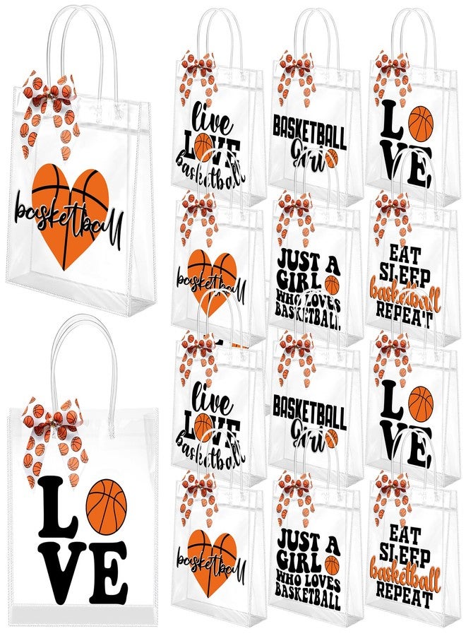 Vicenpal 12 Sets Clear Basketball Gift Bag with Handles 12 Pcs Bows PVC Plastic Basketball Treat Goodie Snack Bags 7.9 x 7.9 x 3.1'' Sport Theme Party Favors for Birthday Holiday Sports Team Gifts - Image 1